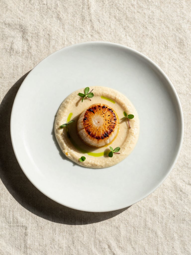 Overhead close study of a single plated starter — seared scallop on celeriac purée with micro herbs, white ceramic plate on a pale linen surface, controlled north-facing daylight, no shadows, architectural composition