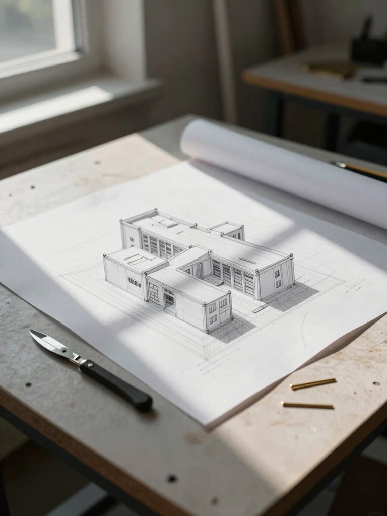 Wide eye-level view of a studio worktable with an architectural maquette in progress, unrolled drawings pinned beside it, scalpel and brass pins resting on the surface, directional window light from the left casting long precise shadows, cool neutral workspace