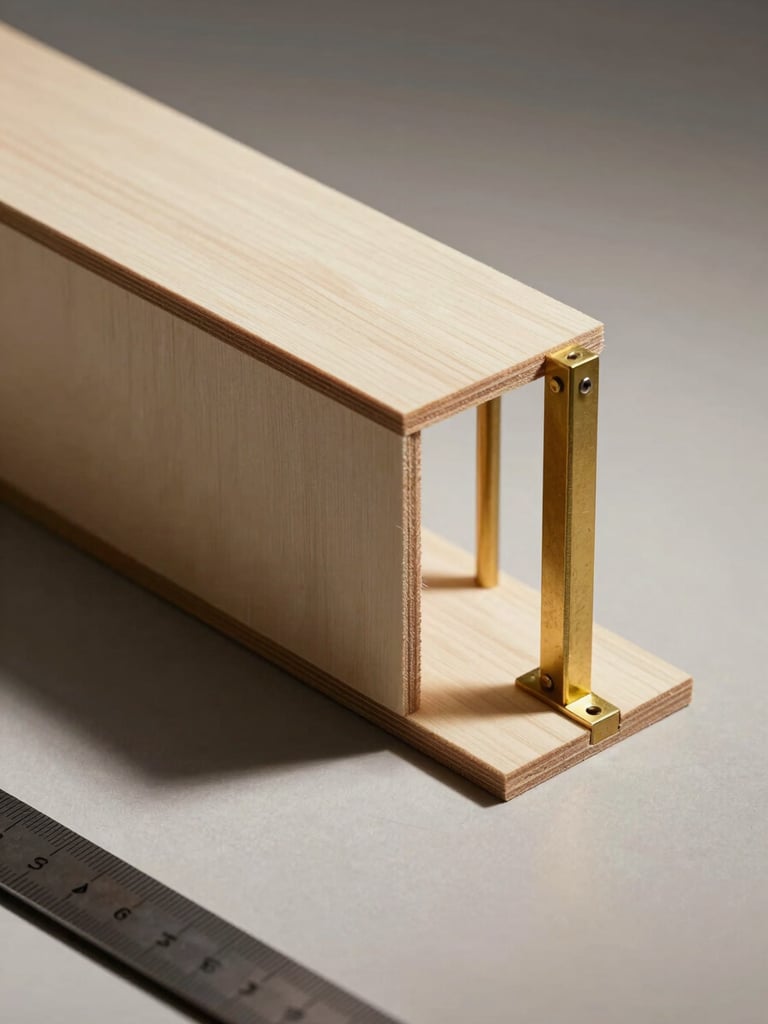Close overhead study of an architectural scale model section, directional north-facing studio light carving sharp shadow across balsa and brass joinery, neutral warm-grey background, ruler and pencil at lower edge establishing scale