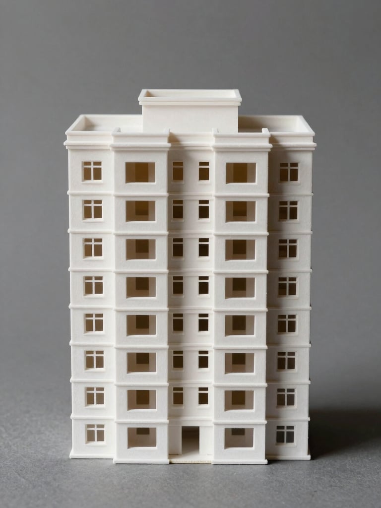 Eye-level straight-on view of a finished white architectural scale model of a multi-storey residential building on a neutral matte grey studio surface, directional north-facing light raking across roof planes and facade reveals, deep shadows defining each floor plate, no styling props