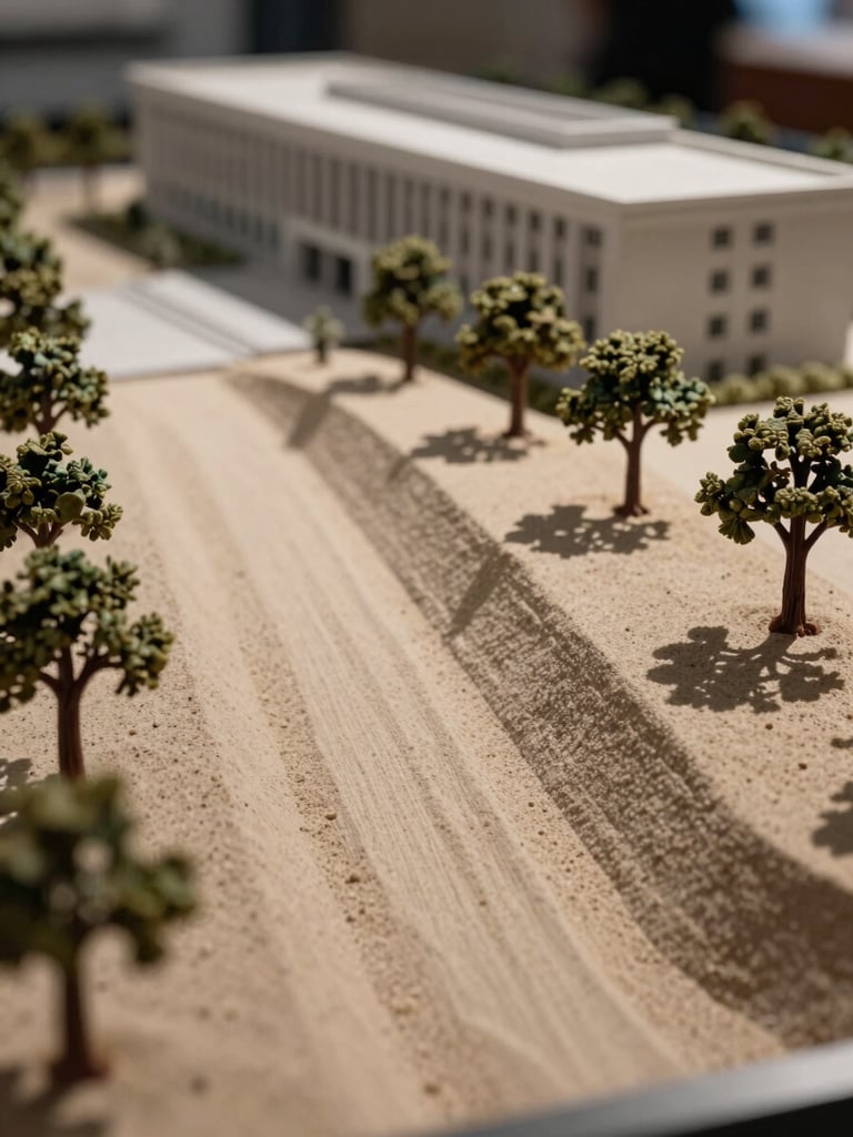 Close-up eye-level view of a civic model's site boundary — hand-placed tree entourage, contoured ground plane in stepped card layers, a pedestrian path rendered in fine sand-coloured material, directional studio light carving shadow across each contour step, the primary building structure visible in soft focus behind