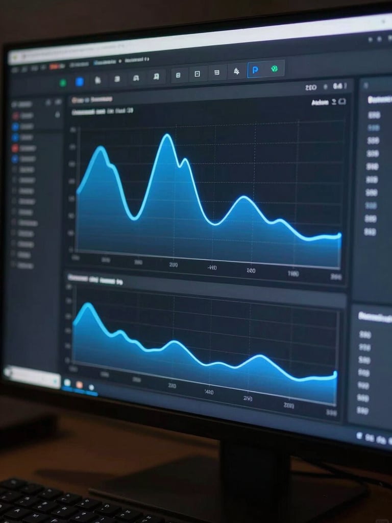 Close-crop of a dark SEO analytics dashboard interface, electric blue rank-tracking graph lines glowing against a near-black UI surface, keyboard visible at bottom edge, cool monitor light, no faces