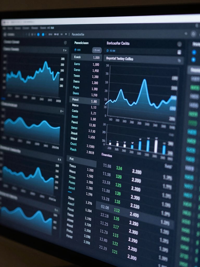 Close-crop of a dark analytics dashboard interface showing interconnected rank tracking and keyword data panels, electric blue chart lines on dark charcoal UI, cool monitor glow, tight crop showing only data columns and graph elements, no faces