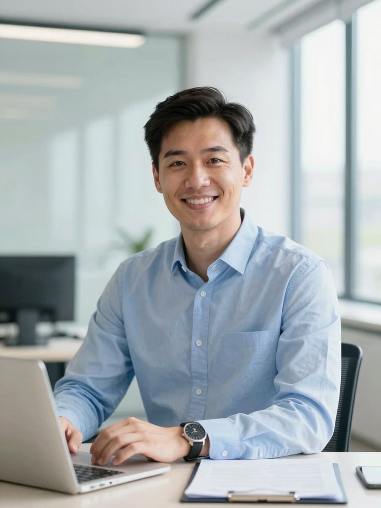 A professional, natural portrait of a smiling UK accountant in a bright, daylight-filled modern office, clean corporate blue tones, 35mm photography