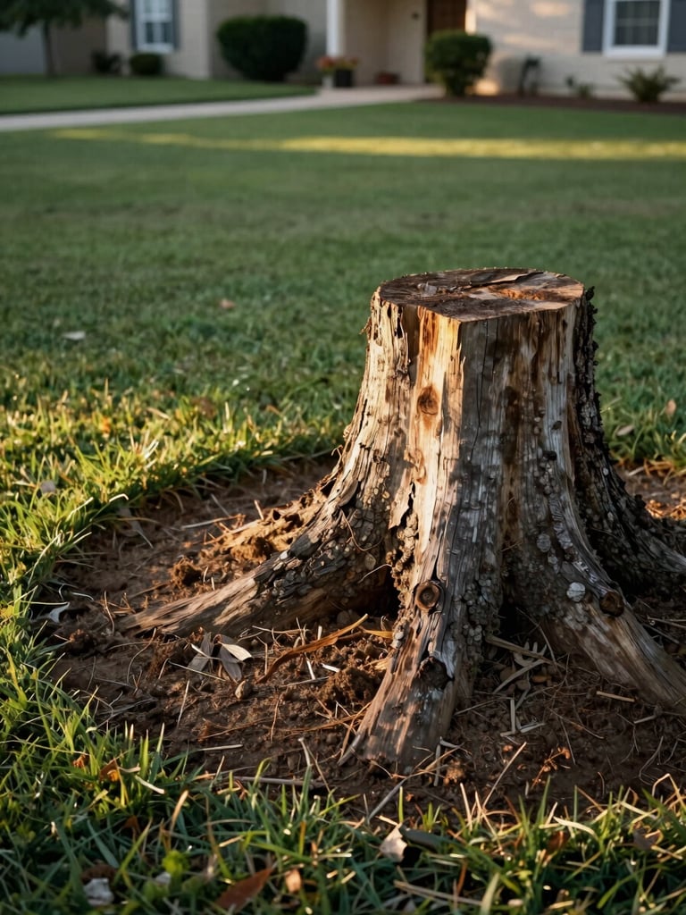 Wide environmental shot of a freshly exposed tree stump at ground level in a Texas suburban yard, late afternoon natural daylight raking across the rough-cut wood grain and surrounding soil, stump centered right with open lawn extending to the left