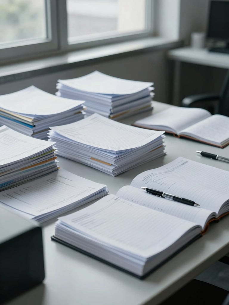 Wide panoramic view of an organized accounting office desk, neat stacks of documents and open ledgers under cool north-facing window light, no people visible, clean surface, pens and folders arranged with precision