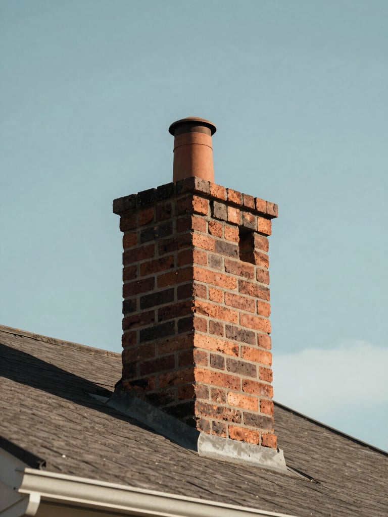 Wide environmental shot from ground level looking up at a brick chimney stack on a residential roofline in daylight, the chimney crown and cap visible against a clear Idaho sky, natural light casting sharp shadows across the aged mortar joints, no people in frame