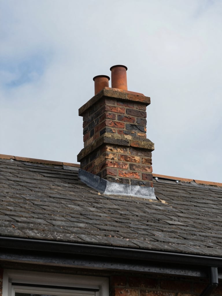 Wide environmental shot from ground level looking up at a residential roofline in daylight, chimney stack centered in the upper third, aged brick mortar visible in sharp detail, overcast natural light, no crew, no lifestyle elements — raw working context