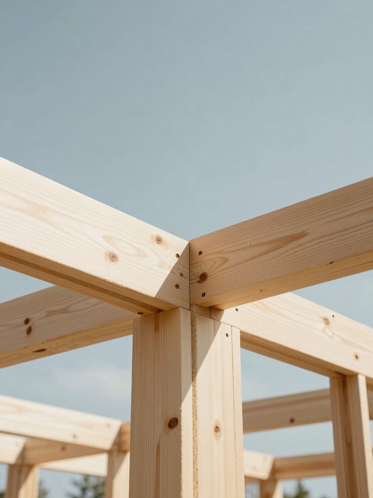 Close-up of clean wood framing joinery in a residential addition, bright natural daylight, geometric lines, desaturated cool tones with warm wood accents.