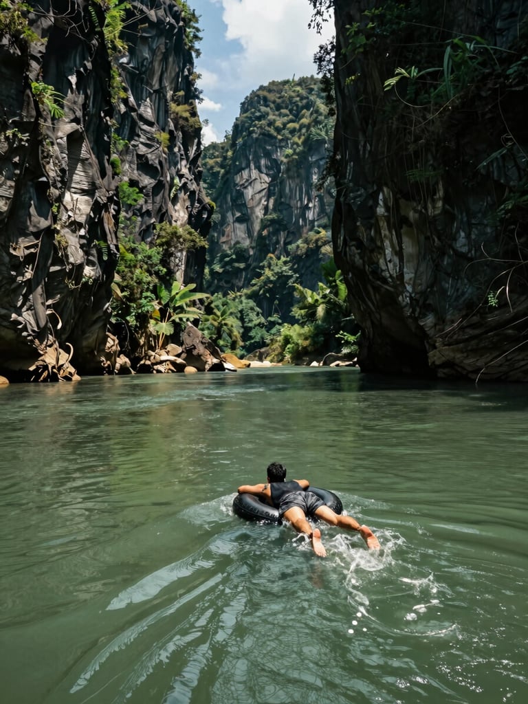 Environmental medium shot of a person floating on a rubber tire down the Nam Song river in Vang Vieng, towering karst cliffs on either side, dappled afternoon light on the green water, jungle vegetation overhanging from the banks