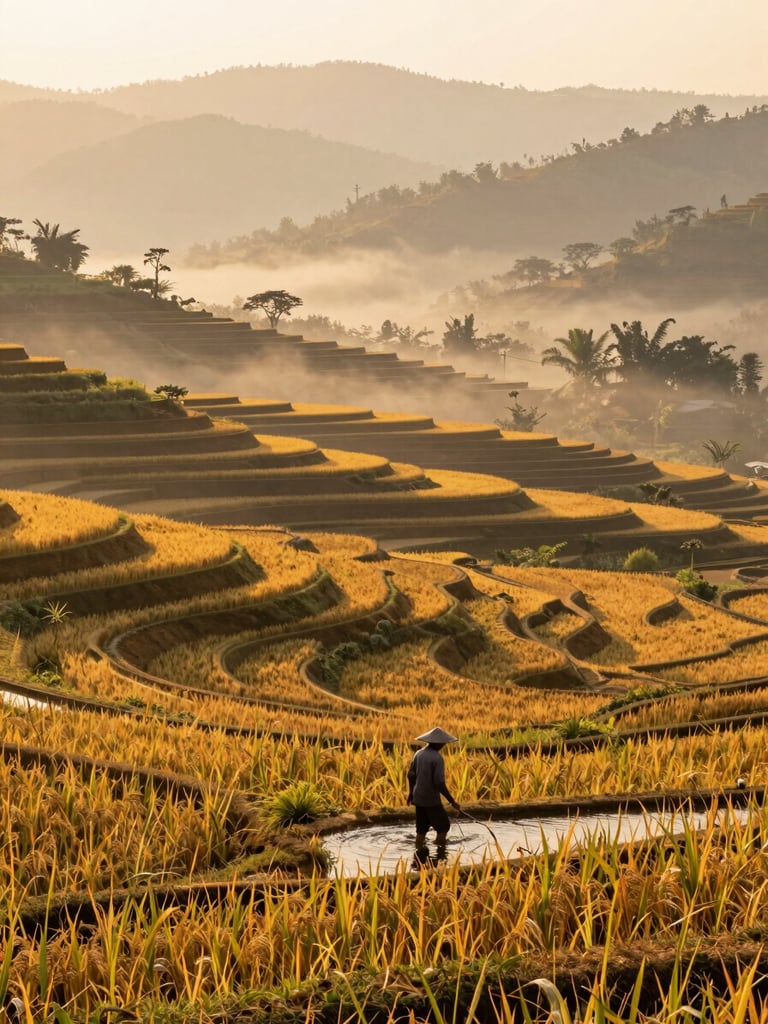 Wide environmental shot of golden rice terraces in Laos countryside at dawn, a lone farmer wading in the lower field, warm golden-hour sidelight, low mist between rows, horizon of hills in soft focus