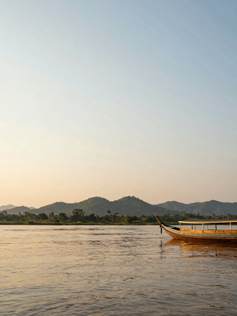 Wide landscape framing of the Mekong River at golden hour, a traditional wooden longtail boat moored at the right edge of frame, warm amber light raking across still water, lush green jungle hills in the far background, generous open sky occupying upper two-thirds