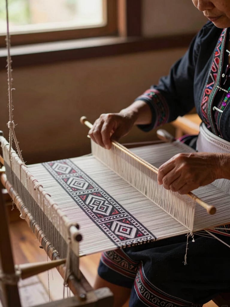 Close-up of a woman's hands at a traditional Lao loom weaving silk fabric with intricate geometric patterns, natural daylight from a window illuminating the threads, shallow depth of field, warm wooden floor in background