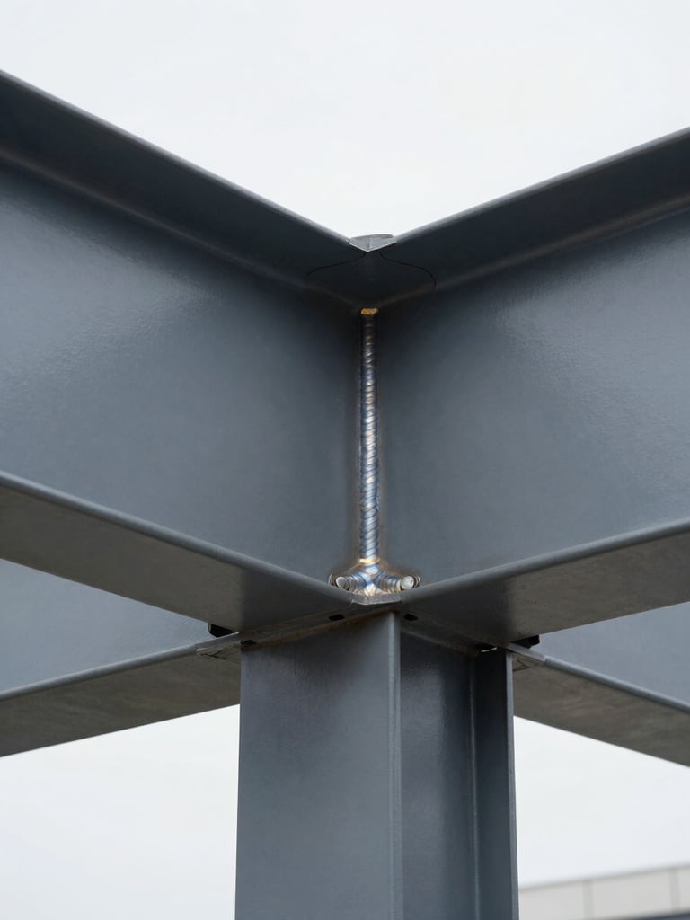 Macro photography of a perfectly smooth welded T-joint on a steel beam, freshly painted in matte dark grey, clean architectural lines, bright daylight.