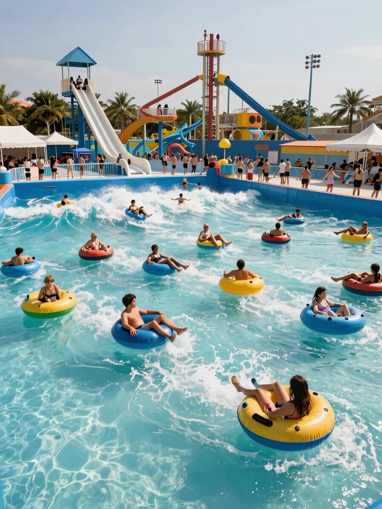 Wide panoramic shot of a packed wave pool at midday, dozens of families riding inflatable tubes across turquoise water, full slide towers visible in background, bright summer sun casting sharp shadows from pool structures, high-energy crowd at capacity