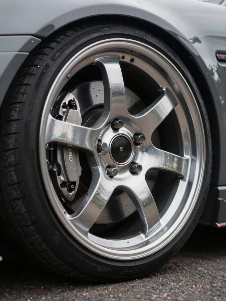 Close-up detail shot of a chrome wheel and brake caliper on a lowered sports car, studio-clean lighting, shallow depth of field, wheel centered in frame against a dark neutral background