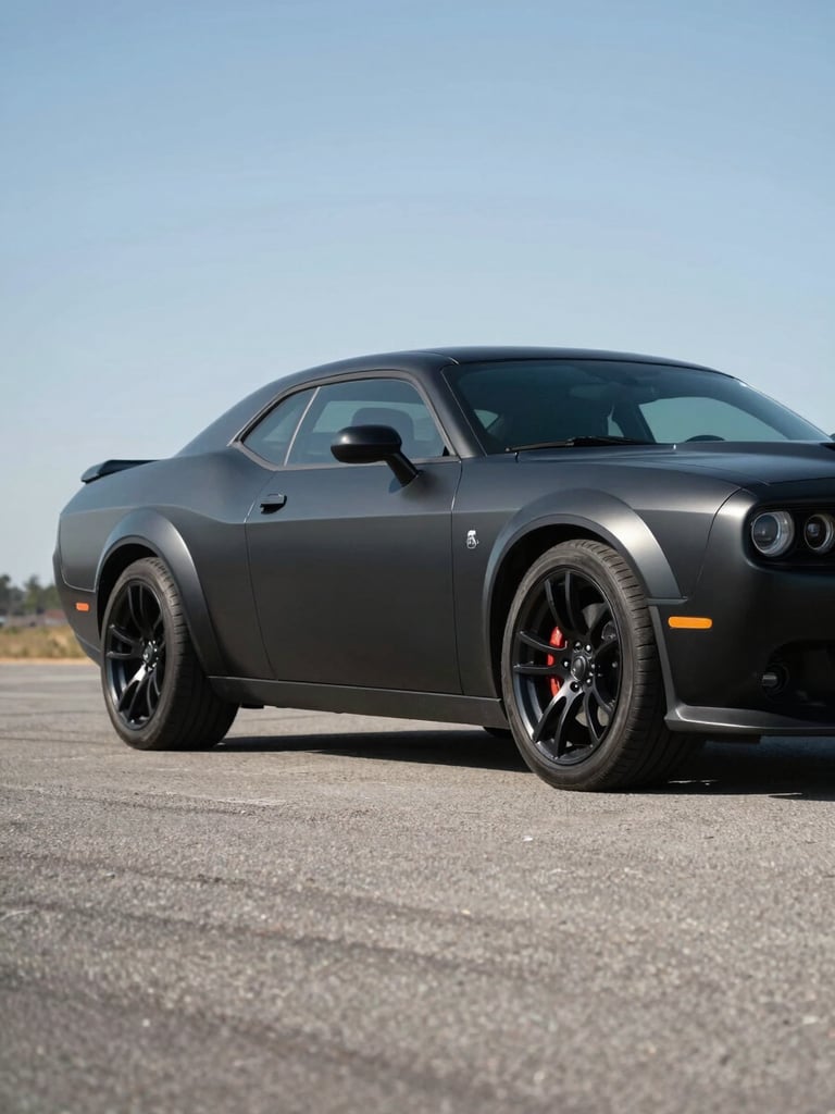 Low-angle three-quarter view of a matte-black muscle car parked on empty gray asphalt, natural daylight, tight environmental framing with the car occupying the right two-thirds of the frame, clean shadowless sky above