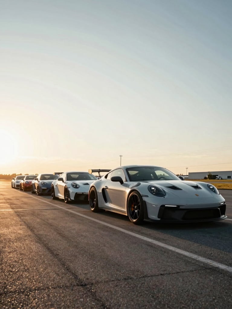 Wide low-angle shot of a line of performance cars pulling out of a staging area at golden hour, motion blur on the nearest car, clean tarmac, dramatic long shadows stretching left
