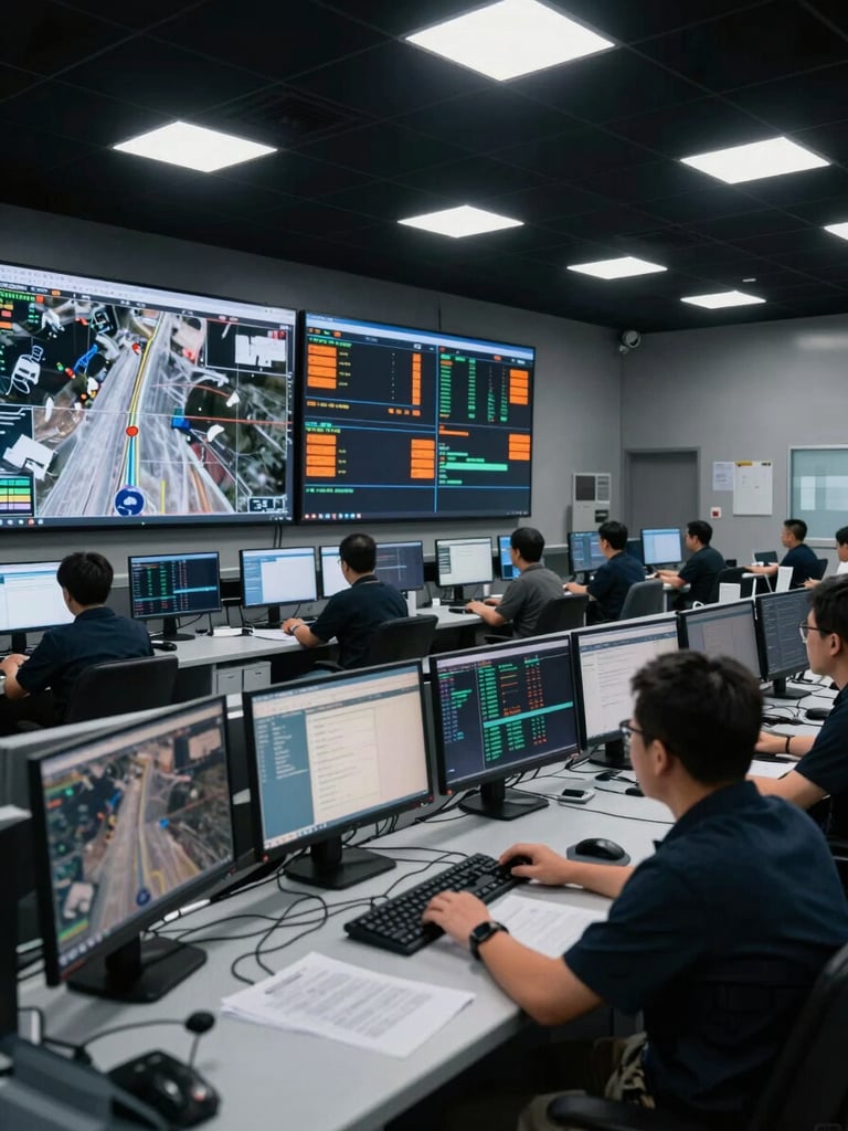 Wide shot of a logistics control center at night, multiple monitors showing satellite route overlays and alert dashboards with orange notification indicators, an operator reviewing data at a workstation, harsh overhead lighting emphasizing the command-center atmosphere