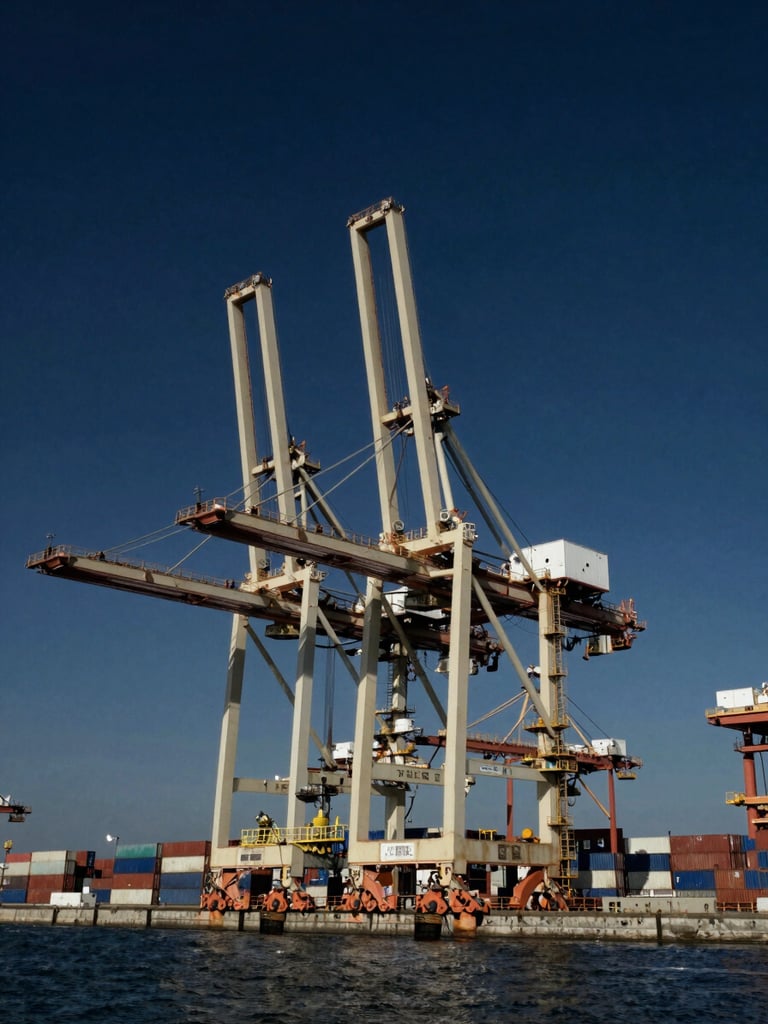 Stark wide-angle editorial photograph of a massive, automated deep-water container terminal in cool blue light, towering cranes casting sharp brutalist shadows against a dark navy sky, clean geometric composition.