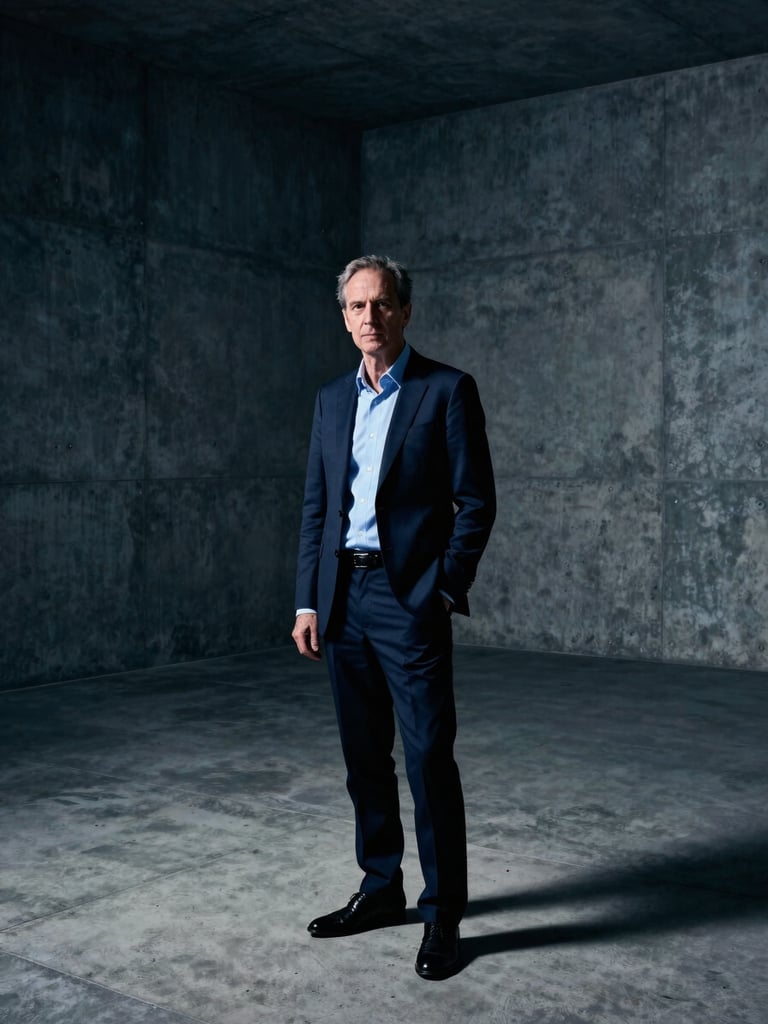 Stark high-contrast portrait of a geopolitical theorist in a dark minimalist concrete room, cool blue shadows, dramatic side lighting, editorial style.