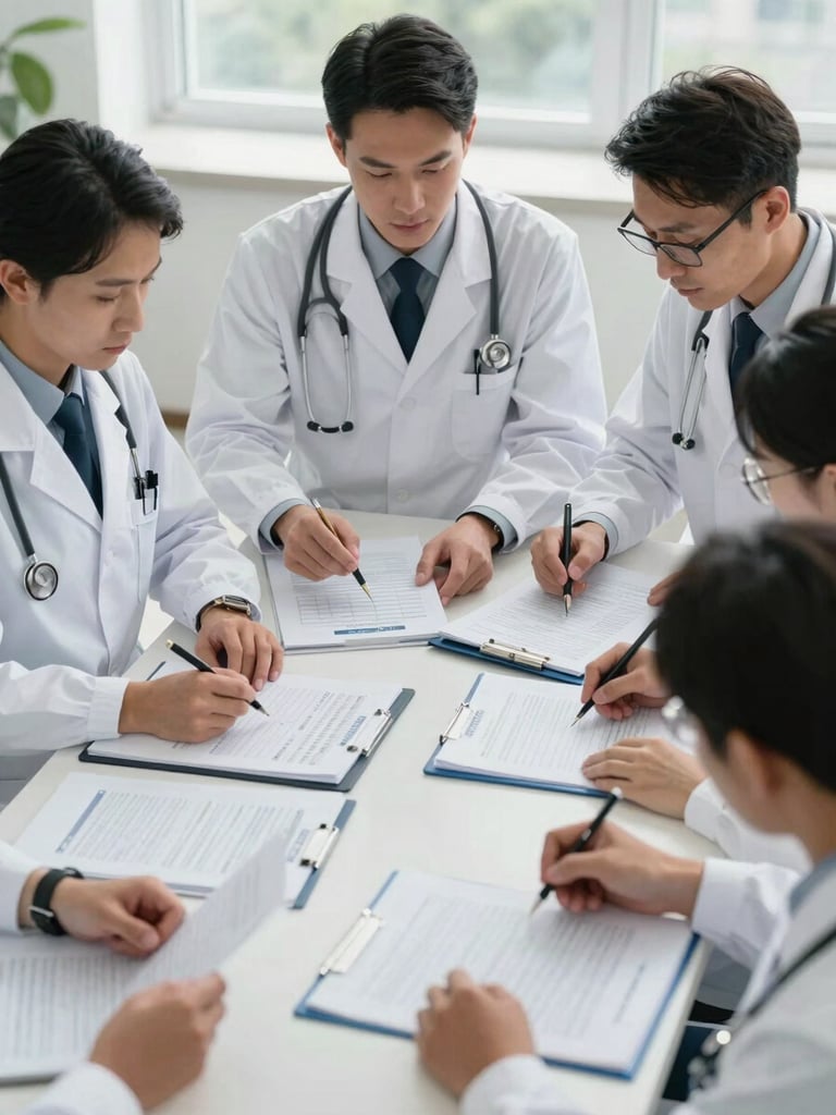 A group of healthcare researchers and field coordinators analyzing data sheets around a table, cool natural daylight