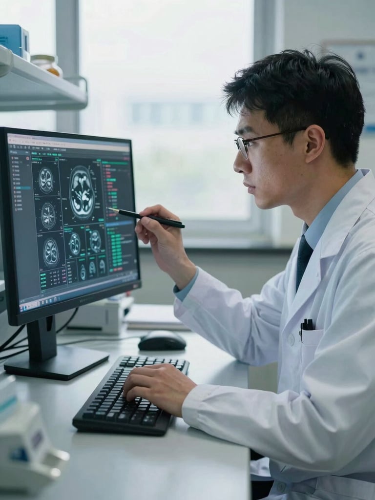 A clinical researcher in cool-toned natural daylight, analyzing high-resolution medical data on a standard desktop monitor, focused expression, hospital research office setting.