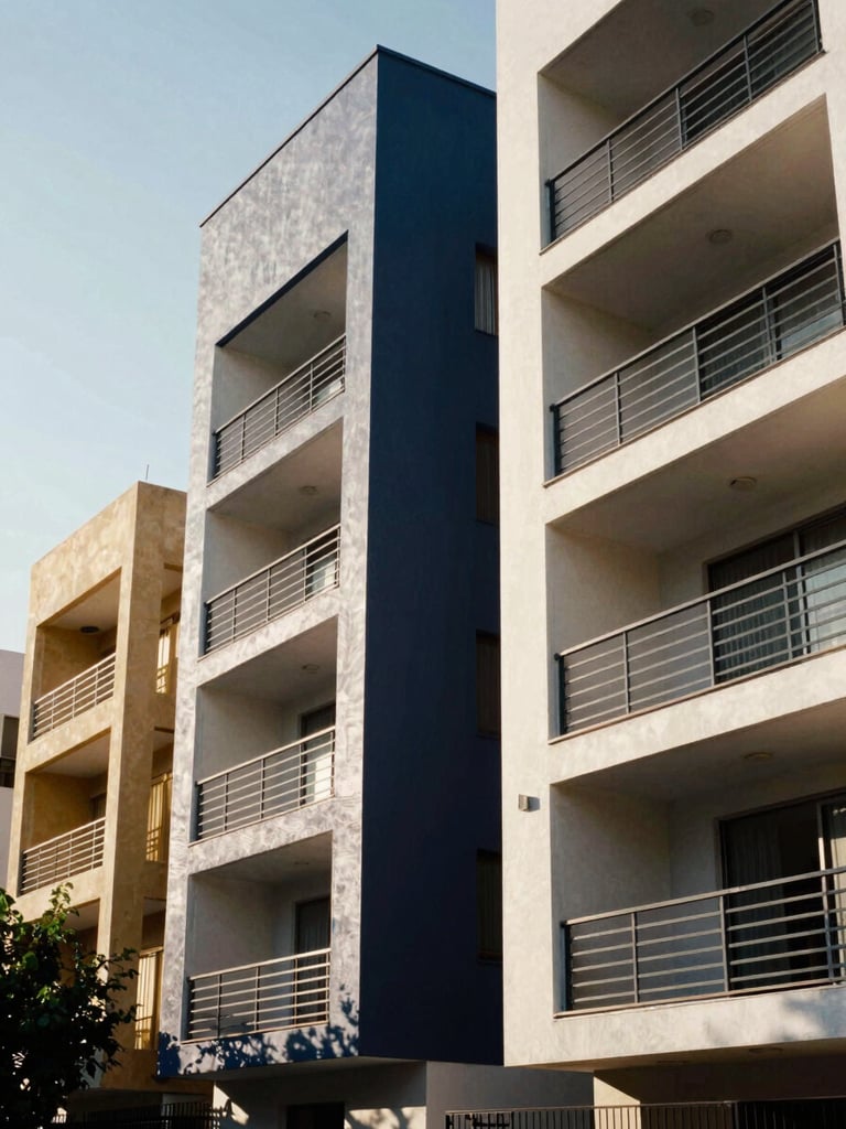 Architectural close-up of modern residential structures in Ciudad Juárez under a bright northern Mexico sky, sharp shadows, high-contrast daylight, editorial 35mm