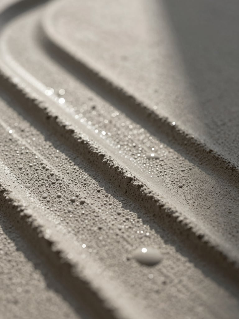 Extreme close-up macro shot of wet microcement texture showing precise trowel marks under harsh directional raking light.