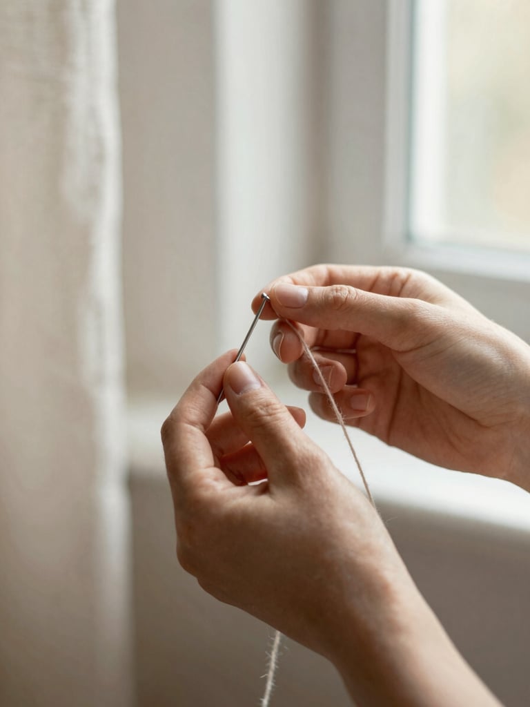 Close-up of hands threading a needle with organic wool, sunlit studio corner, soft morning window light, shallow depth of field
