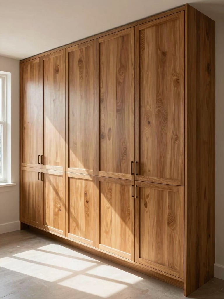 Wide environmental shot of a full-wall built-in kitchen cabinet installation in a real home, natural daylight streaming from a side window, warm wood-grain finish on cabinet doors, no people, cabinets running floor to ceiling using every inch of the wall
