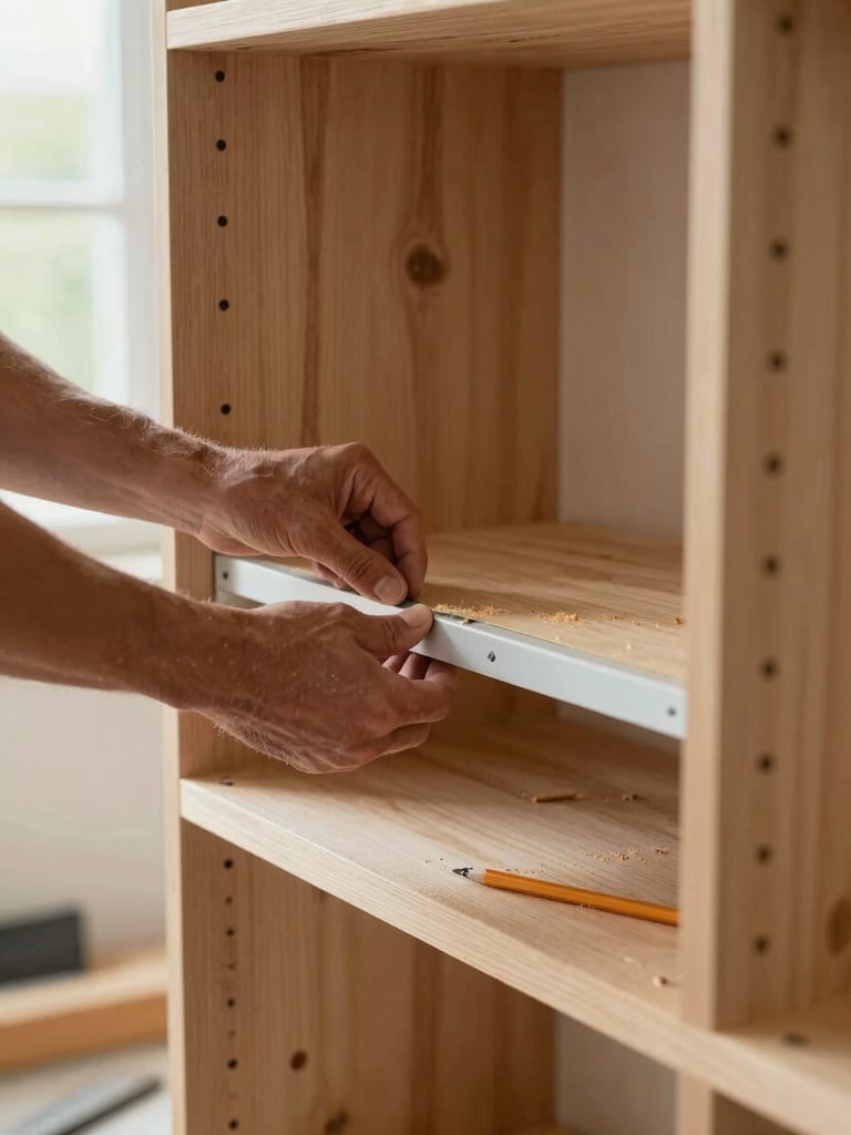 Portrait-framed close-up of a craftsman's hands fitting a shelf bracket inside a timber media unit during on-site installation, natural daylight from a nearby window, sawdust and pencil mark visible on the wood surface, no staging