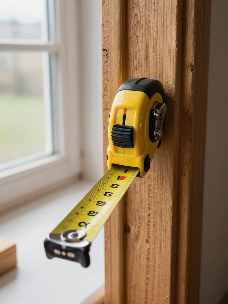 Close-up of a carpenter's steel tape measure pressed flat against a timber door frame in a real room, daylight from a nearby window, the measurement markings sharp and readable, wood grain visible behind