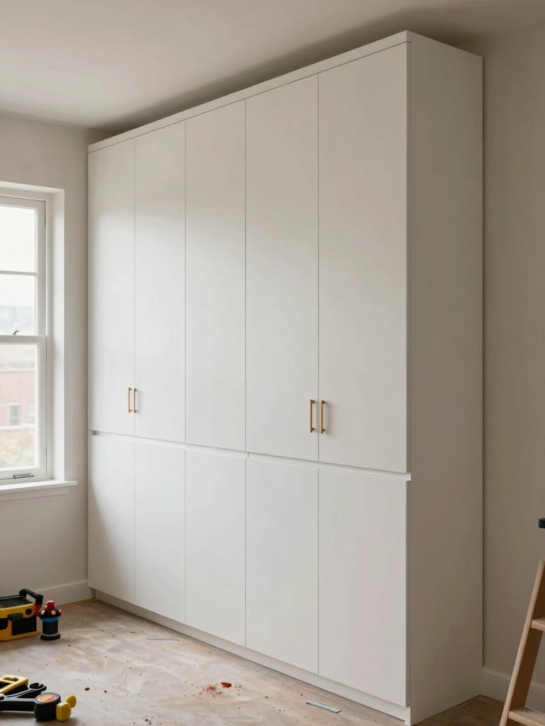 Wide environmental shot of a carpenter fitting a large built-in cabinet unit against a real room wall, natural daylight from a window to the left, tools visible on the floor nearby, the cabinet doors already hung and aligned