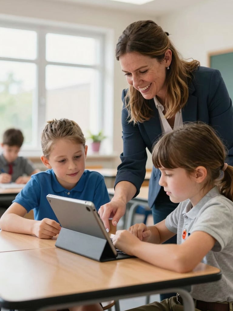Bright natural classroom daylight, a Northern Ireland primary teacher smiling as she guides two pupils working together on a tablet, C2k compatible setup visible.