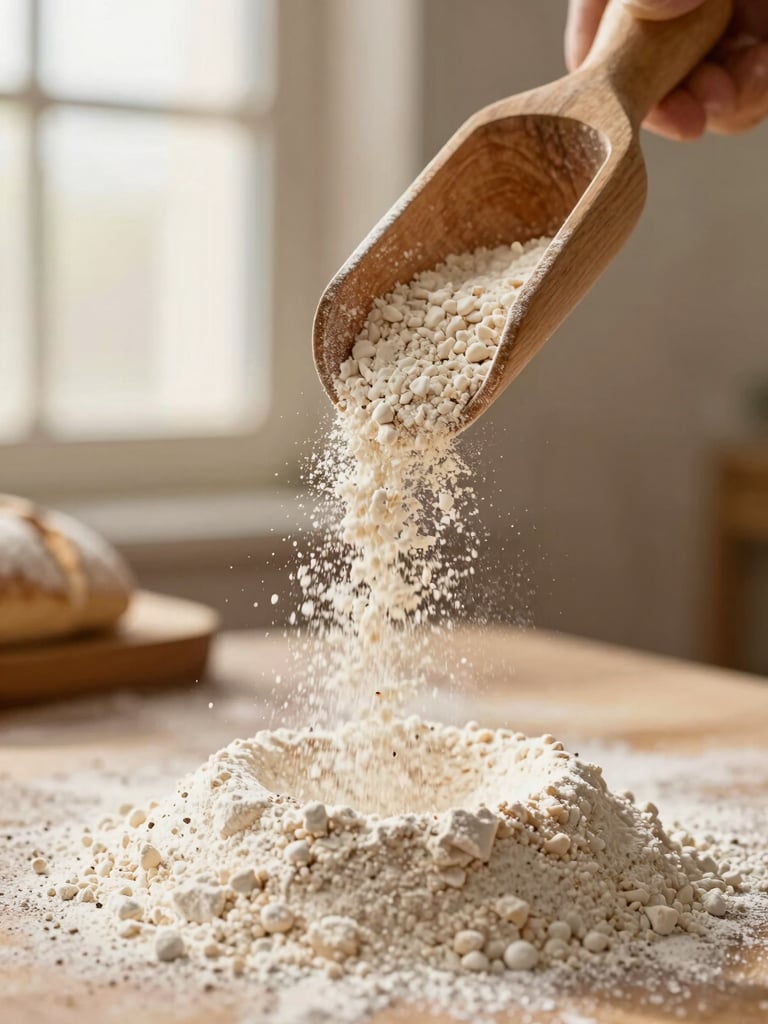 Close-up shot of organic stone-ground flour falling from a wooden scoop, warm morning light, dust particles in the air, shallow depth of field
