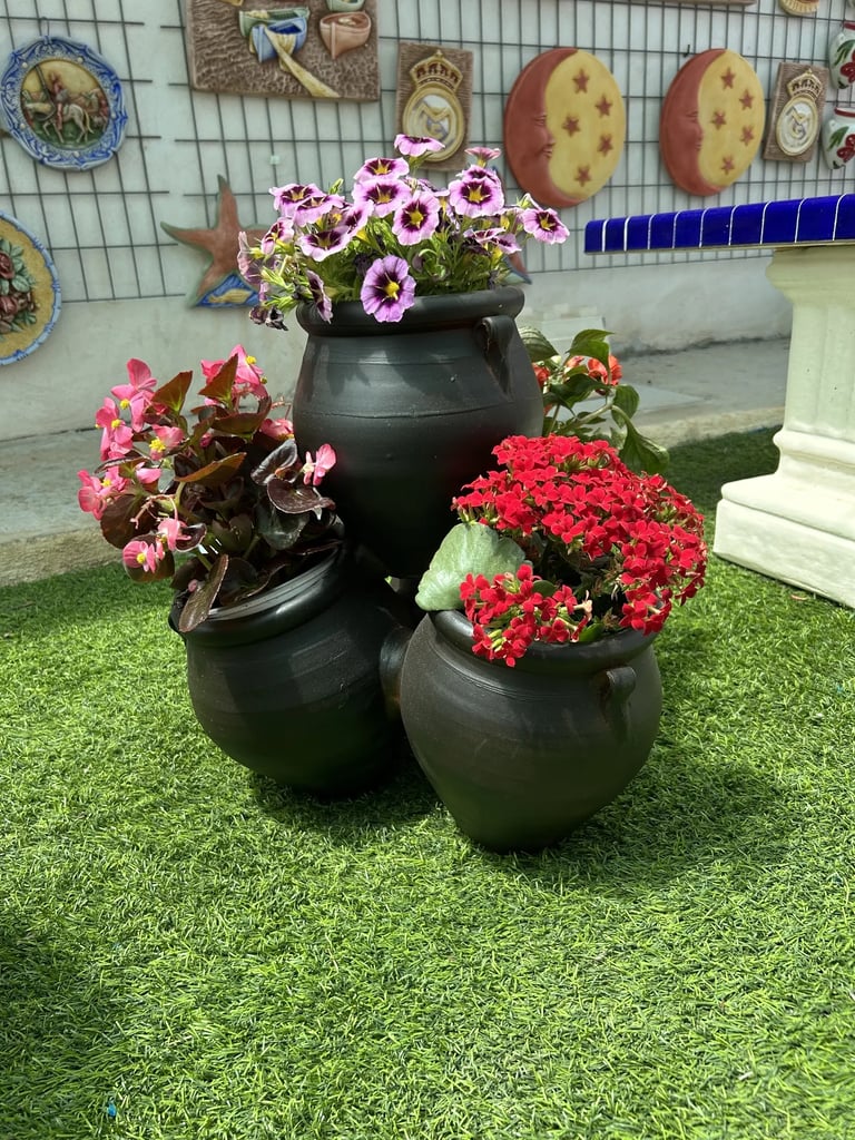 Pink and red flowers planted in rustic black ceramic pots on green artificial grass.