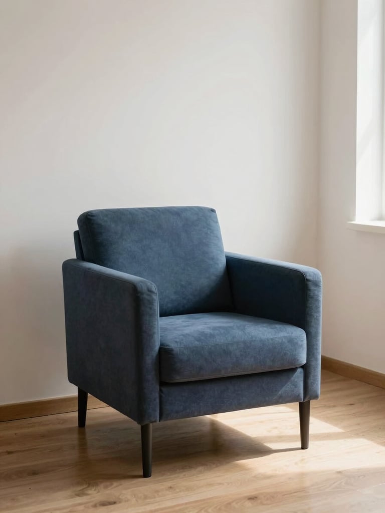 Minimalist clinical editorial photography, a single empty armchair in a quiet consulting room, soft natural window light casting gentle shadows on a wooden floor, muted deep blue and warm off-white tones, shallow depth of field.