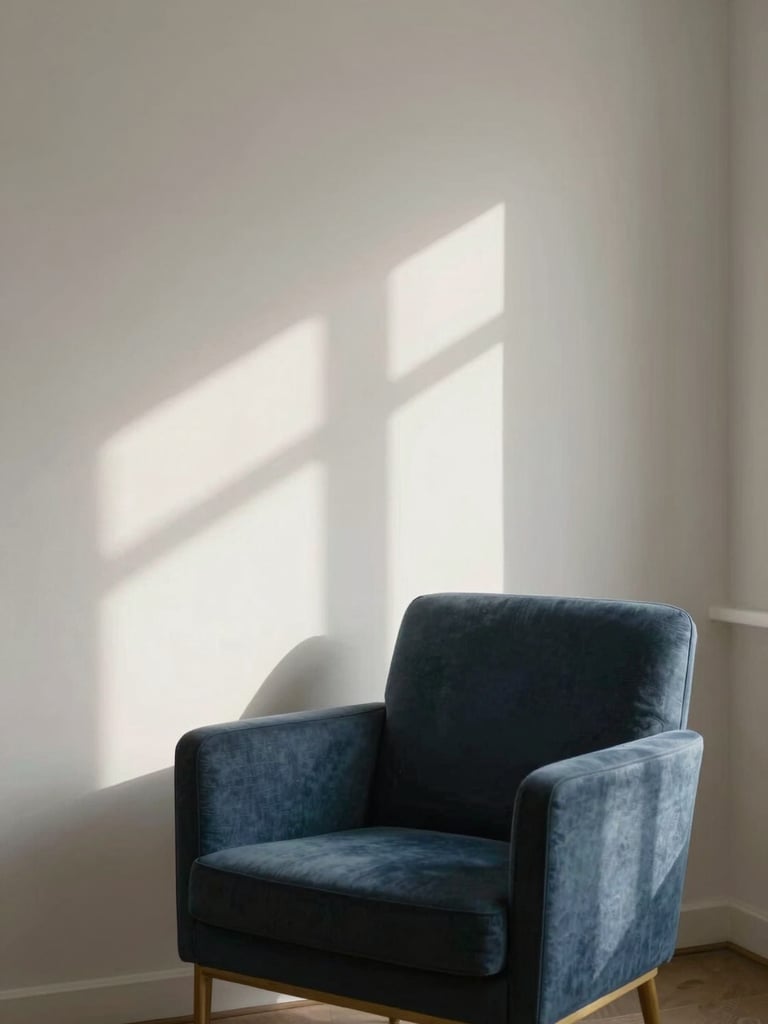 Quiet and contemplative interior of a psychoanalytic consulting room, an empty classic armchair in soft morning window light, delicate shadows casting on an off-white wall, minimalist academic feel