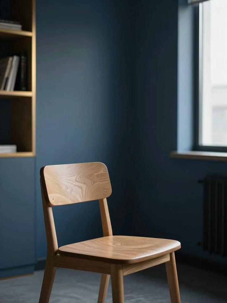 Minimalist editorial photography of a quiet clinical consulting room, an empty wooden chair in soft natural window light, subtle warm gold accents on a bookshelf in the background, muted deep blue tones, shallow depth of field.