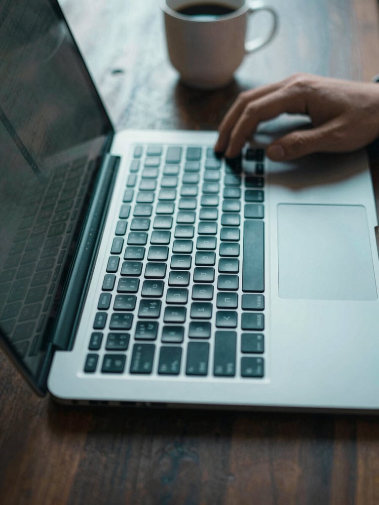 Close-up overhead of a laptop keyboard on a dark wood desk, screen casting a cool teal glow across the keys, a single hand resting mid-type, coffee mug blurred in the background — daylight from a side window crossing the left edge of the frame