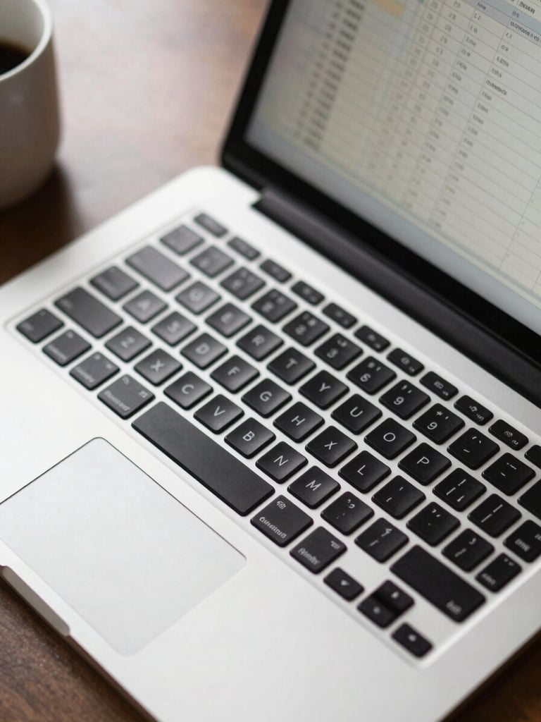 Close-up top-down view of a laptop keyboard and open spreadsheet on a home-office desk, screen glow illuminating the keys, natural window light from the left, a coffee mug partially visible at the corner, no faces