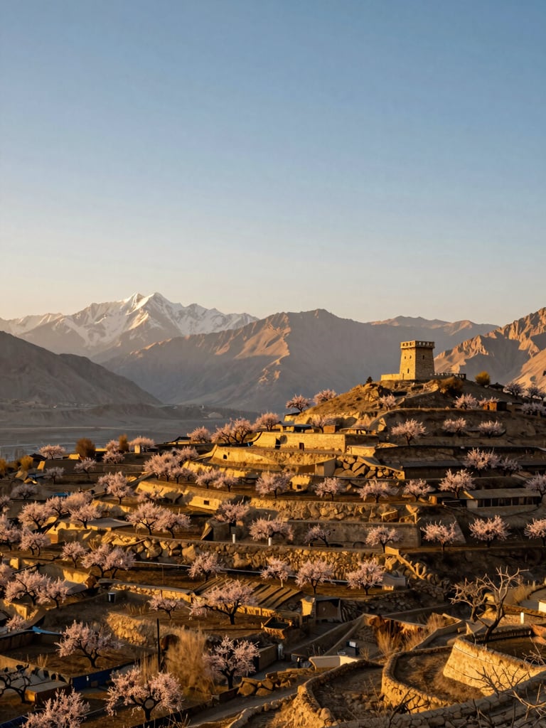 Wide environmental shot looking down the Hunza Valley at golden hour, terraced apricot orchards in warm amber light, a stone watchtower on a ridge to the right, distant snow peaks fading into haze on the left, low horizon and expansive sky occupying the upper third