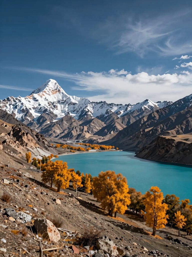 Wide panoramic view from the Hunza Valley looking up toward K2's snow-capped pyramid, turquoise Attabad Lake in the middle distance, autumn-gold poplar trees lining the valley floor, dramatic blue sky with thin high cloud, shot from a low ridge with the peak placed left-of-center, generous sky above