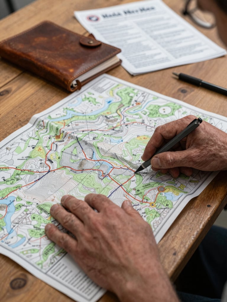 Close-up of weathered hands spreading a topographic trail map on a wooden table, a worn leather notebook open beside it, operator certification documents visible underneath, north-facing daylight casting soft shadows, documentary fieldwork framing