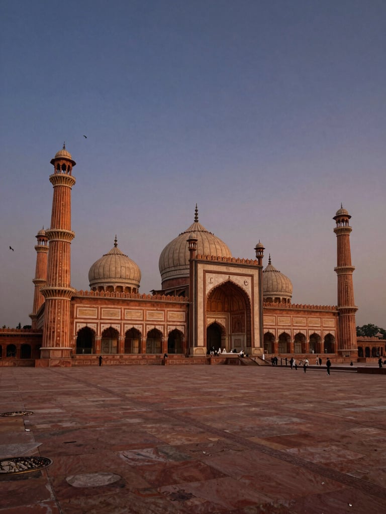 Wide panoramic dusk view of Badshahi Mosque in Lahore, the mosque's domes and minarets glowing amber against a deep indigo and terracotta sky, birds taking flight from the courtyard parapet to the upper-left, empty marble forecourt stretching to the right, low horizon with city silhouette barely visible