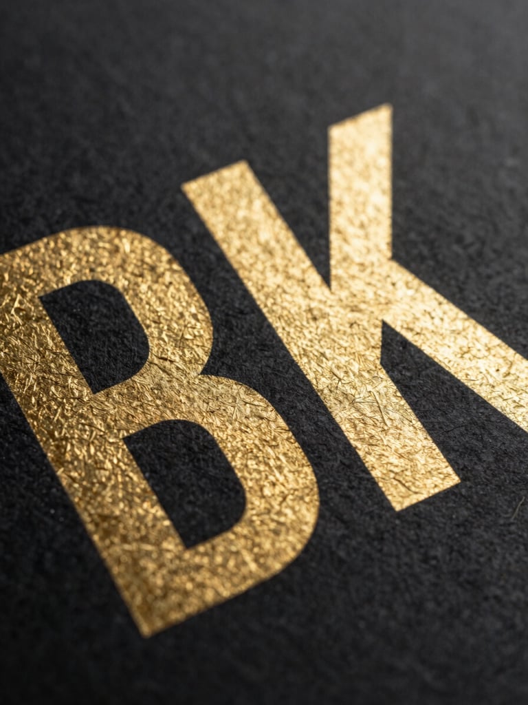 Macro crop of bold sans-serif typography printed on heavy textured black paper, soft gold foil accents, dramatic side lighting.