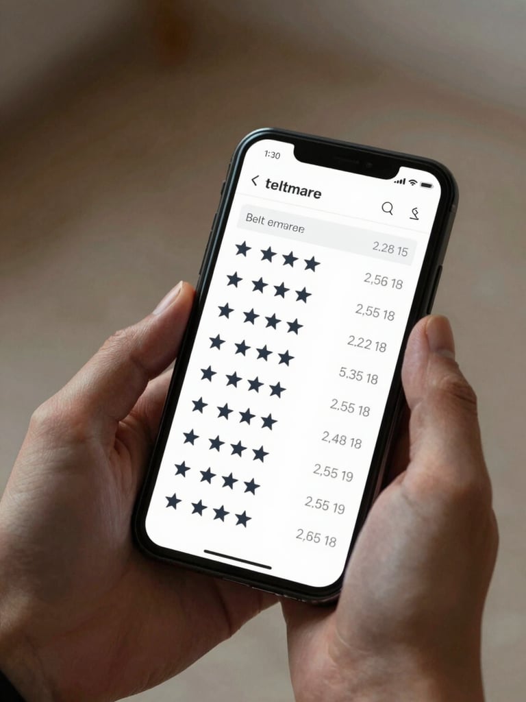 Close up of hands holding a modern smartphone displaying a clean healthcare review feed with positive ratings, soft warm lighting