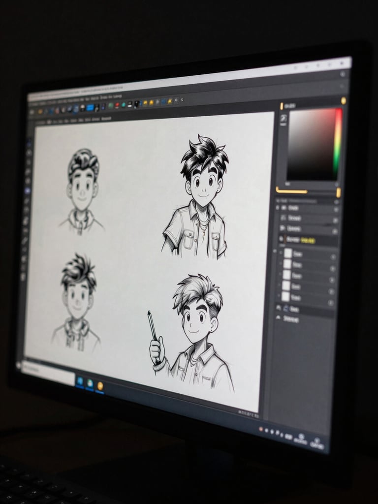 Close-up of a digital workstation screen in deep shadow, stylized animated character design sketches visible in a dark interface, gold accent lines on the UI, cinematic low-key lighting from the monitor glow