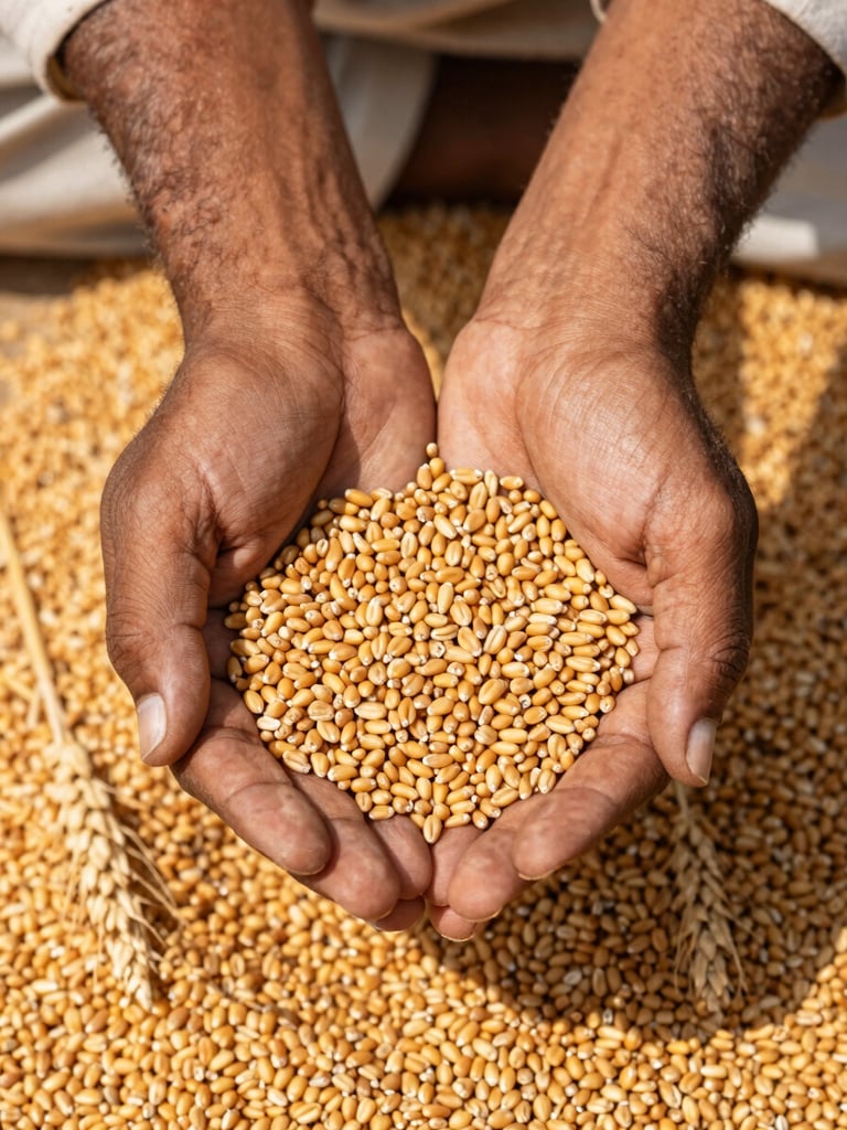 A close-up of hands of an Indian farmer holding fresh golden wheat grains, bright natural daylight, crisp details, 35mm